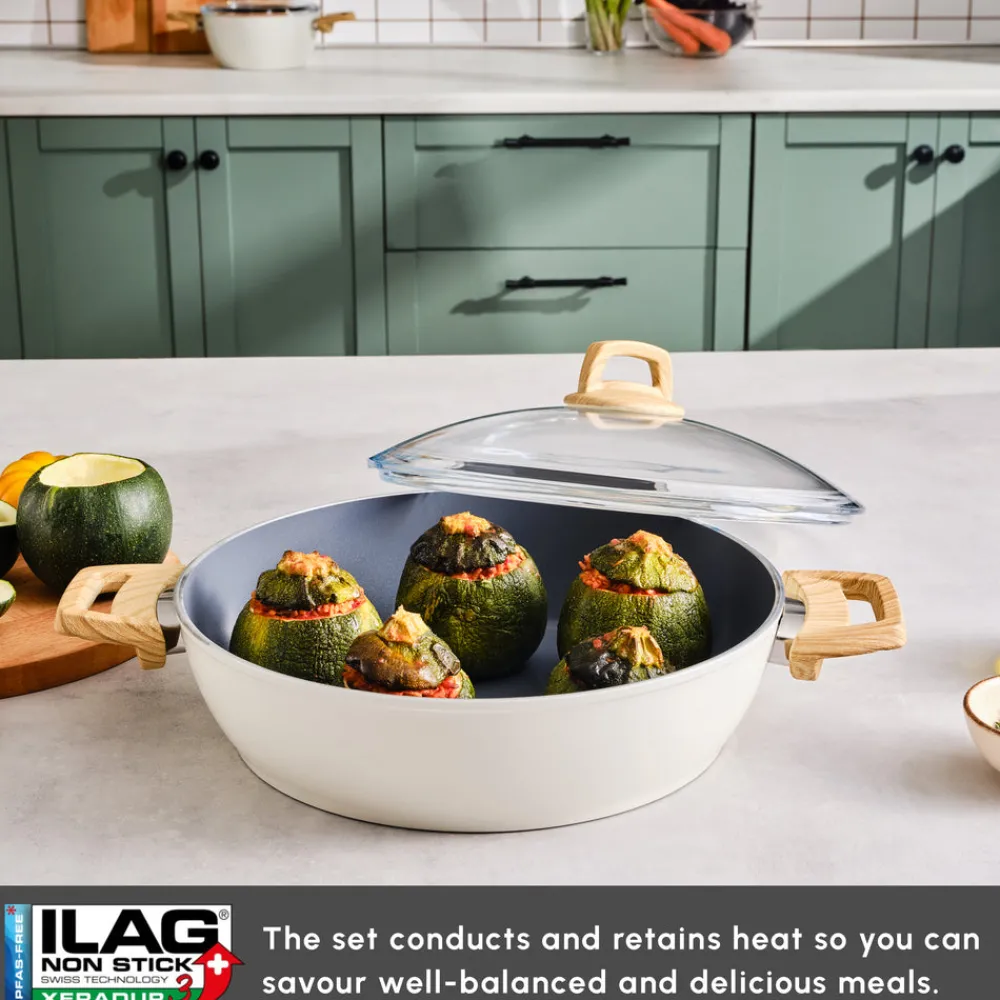 Clearance Swiss Crystal Non-Stick Induction Casserole, 30cm, Creamy Ceramic Cookware