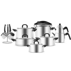 Online Tokyo PowerSteel 17-Piece 316+ Stainless Steel Induction Cookware Set with Teapot and Coffee Pots, Silver Black Induction Cookware|Stainless Steel Cookware Sets