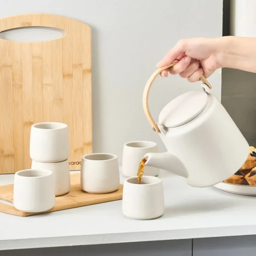 Sale Yuuki 7-Piece Ceramic Tea Cup Set for 6 People, Beige Tea Set