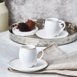 Discount İznik 4 Piece Porcelain Espresso Turkish Coffee Cup Set for 2 People, 90ml, White Gold Espresso & Turkish Coffee Cup Sets