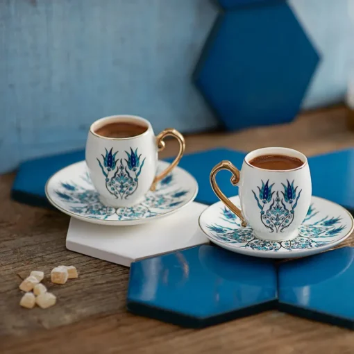 İznik 4-Piece Porcelain Espresso Turkish Coffee Cup Set for 2 People, 80ml, White Blue Espresso & Turkish Coffee Cup Sets