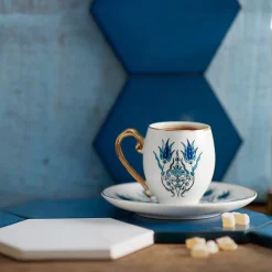 İznik 4-Piece Porcelain Espresso Turkish Coffee Cup Set for 2 People, 80ml, White Blue Espresso & Turkish Coffee Cup Sets