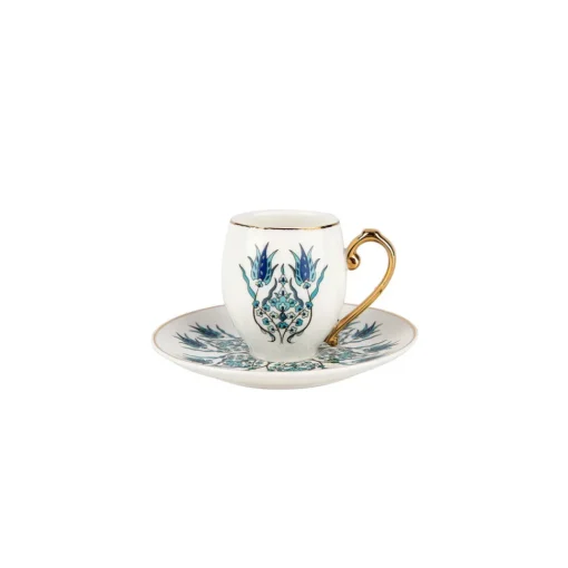 İznik 4-Piece Porcelain Espresso Turkish Coffee Cup Set for 2 People, 80ml, White Blue Espresso & Turkish Coffee Cup Sets