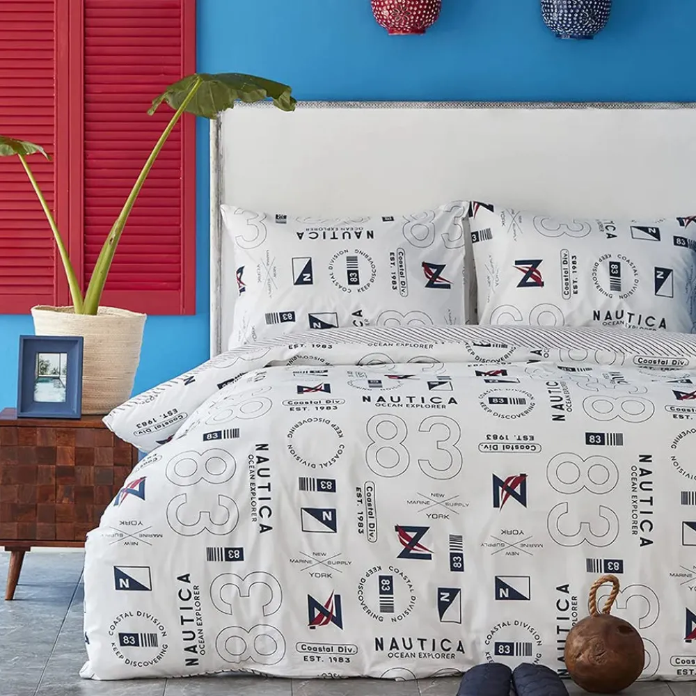 New Nautica Home Discovery 100% Turkish Cotton Duvet Cover Set, Double, 200cmx200cm, White Multi Duvet Cover Sets