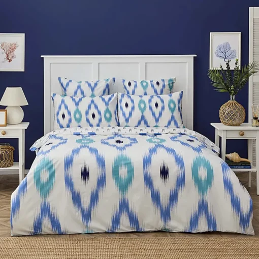 New Nautica Home Ikat 100% Cotton Duvet Cover Set, Single, 140cmx200cm, White Blue Duvet Cover Sets
