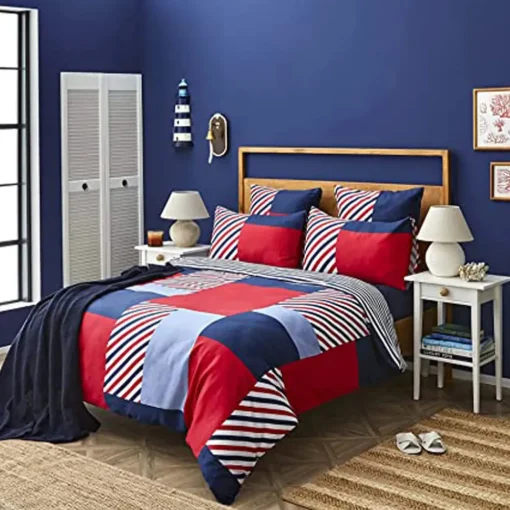 Online Nautica Home Morris 100% Cotton Duvet Cover Set, Super King, 260cmx220cm, Navy Blue Multi Duvet Cover Sets