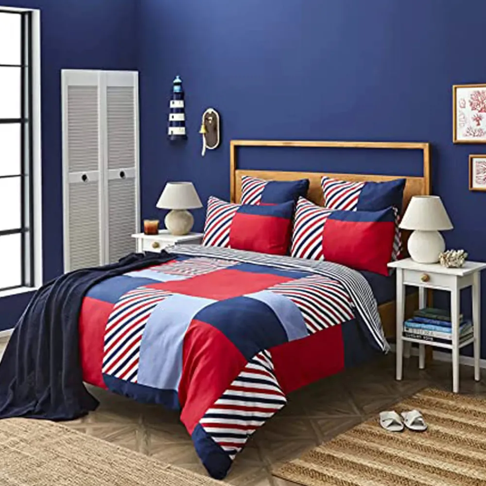 Clearance Nautica Home Morris 100% Cotton Duvet Cover Set, Single, 140cmx200cm, Navy Blue Multi Duvet Cover Sets